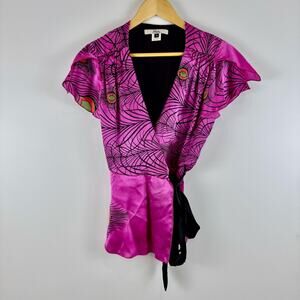 Vintage 90s Gaila Silk Pink Wrap Top with Black Accents ~ Small